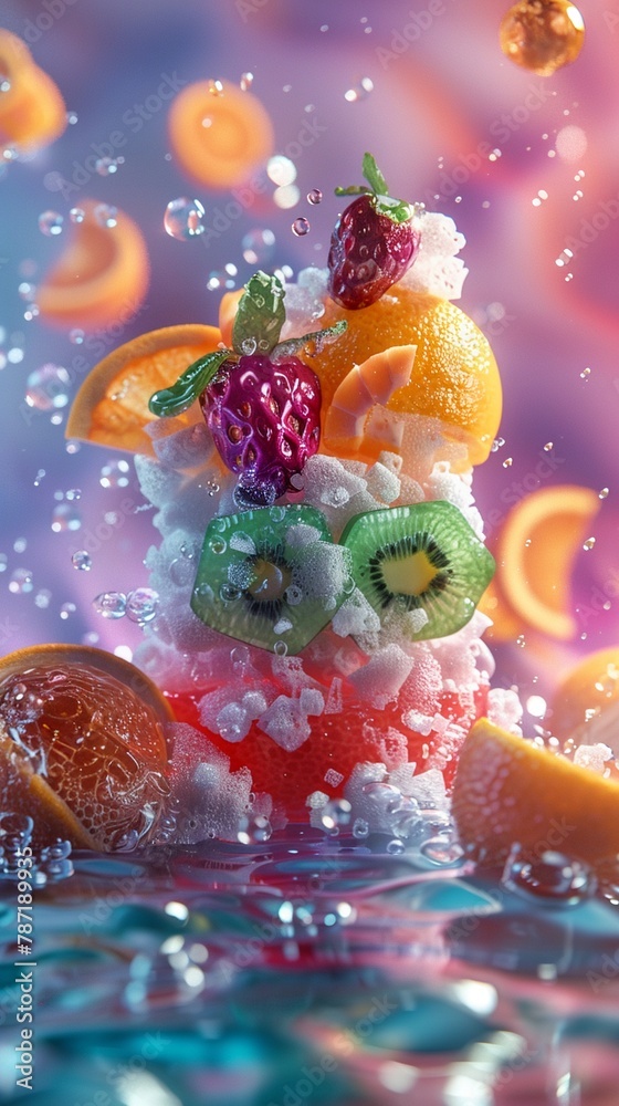 Digital gastronomy showcasing futuristic food in bright colors, styled 3D ,3DCG,high resulution,clean sharp focus