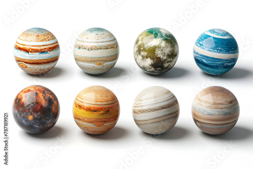 Collection of various marble planets isolated on white background with clipping path.