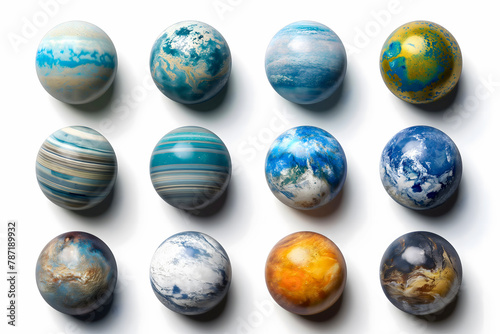 Set of different planets on white background