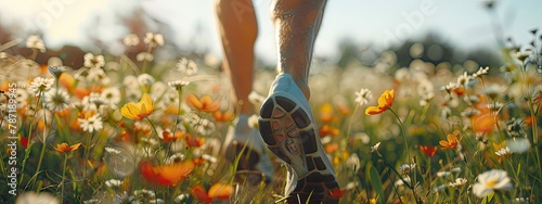 close-up of the legs of a male athlete on the background of a field of flowers Selective focus