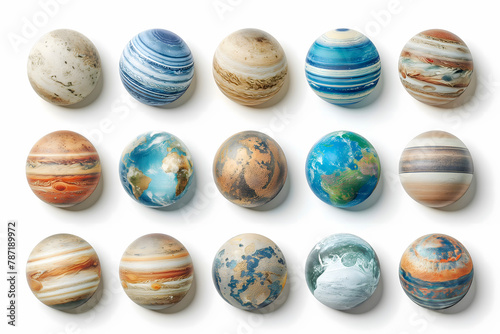 Set of various planets on white background, top view. Space exploration