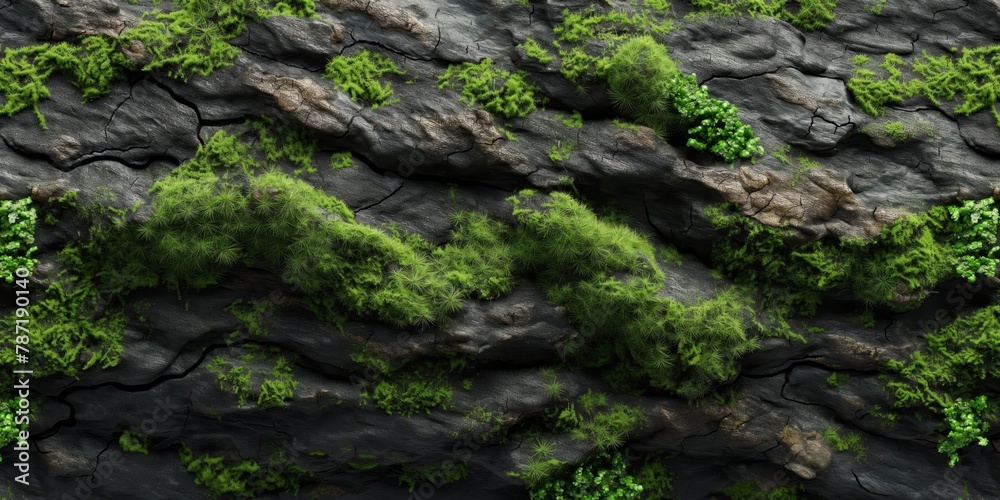 Lush green moss growing on dark, rugged rock formations, symbolizing persistence and the force of nature Lush green moss growing on dark, rugged rock formations, symbolizing persistence and the force of nature