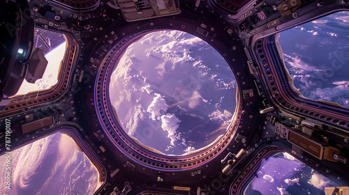 Earth and clouds, view from spaceship window. 3D rendering