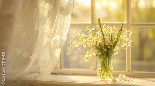 lily of the valley bouquet in vase on window, Generative AI