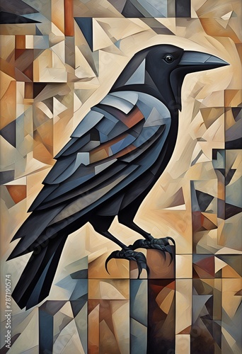 A magnificent crow or raven surrounded by abstract objects. Beautiful imagery and wall art for nature blog, rustic home decor, or rural souvenir store. photo