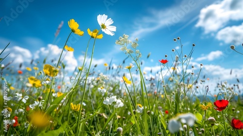 A vibrant field of wildflowers under a clear blue sky