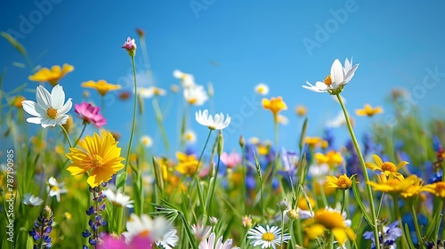 A vibrant field of wildflowers under a clear blue sky