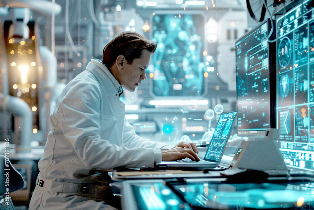 A scientist in a white coat typing on a laptop, sitting at a desk with high-tech laboratory equipment and holographic displays around him A scientist in a white coat typing on a laptop, sitting at a desk with high-tech laboratory equipment and holographic displays around him