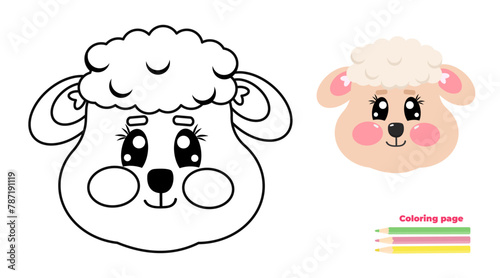 Cute outline kawaii lamb, sheep, ewe of face, head. Coloring page illustration for baby, kids