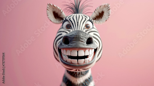 Caricature very big toothy wide of smiling Zebra, zebra with white smile looking at camera on pink background photo