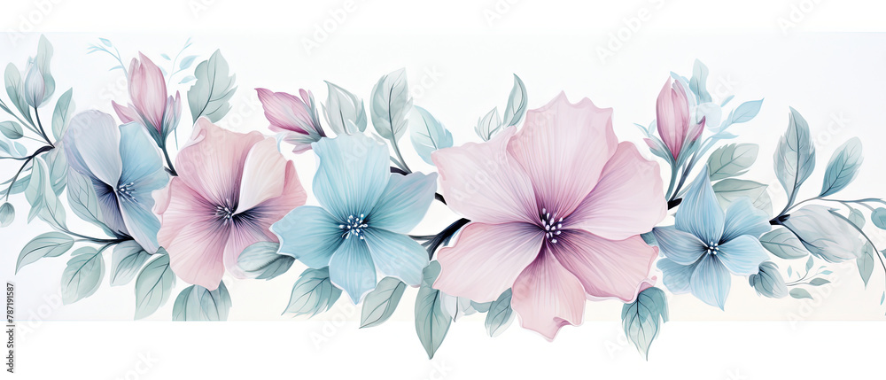 a many flowers painted on a white background with blue and pink