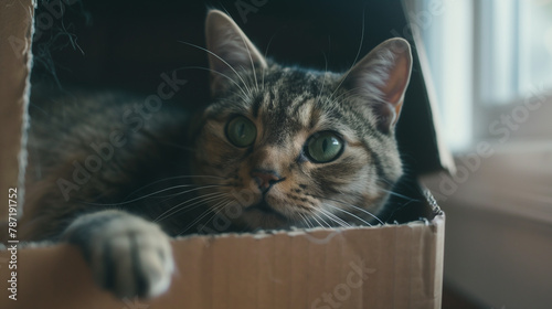 Cat in a cardboard box in a modern house