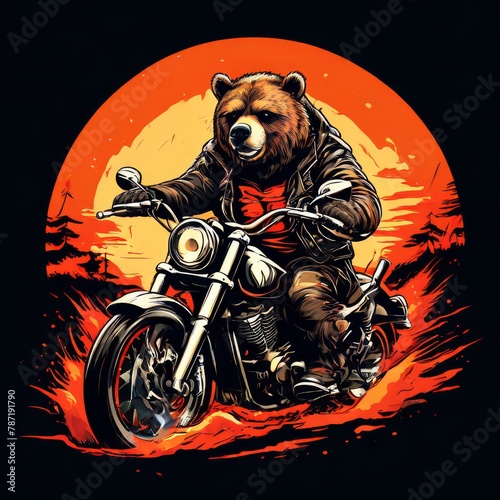 bear driving a motorcycle rides. Vector vintage engraving