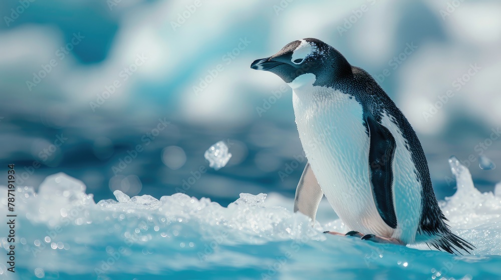 Obraz premium Climate change concept. close up penguin on a melting ice floe. cute penguin on winter landscape, snowy winter 