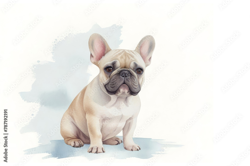 Banner with puppy of French Bulldog. watercolor clipart on white background.