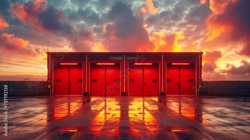 Fire station against a vibrant sunset, the iconic red doors standing out, conveying the readiness and preparedness of the firefighters within. photo