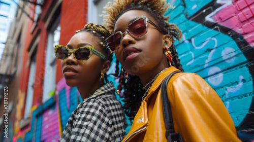 A stylish street-style photograph capturing the essence of urban fashion and self-expression, with trendsetters and influencers posing confidently in eclectic ensembles and statement pieces. photo