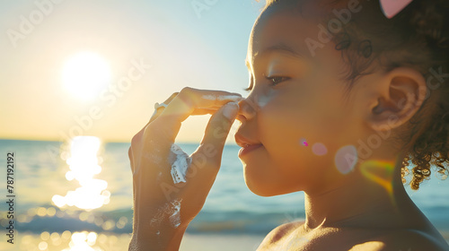 Young mother applying protective sunscreen on daughter nose at beach with copy space Black woman hand putting sun lotion on female child face African american cute little girl with sun : Generative AI