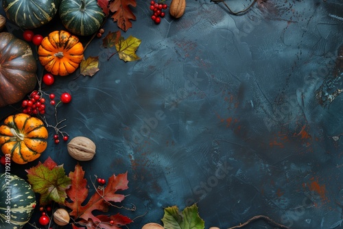 Variety of pumpkins on textured backdrop