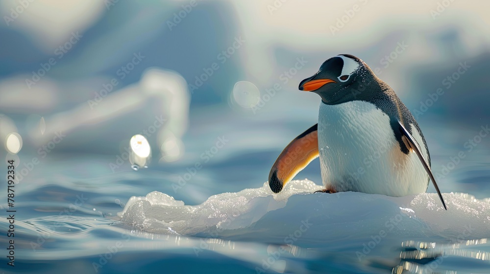 Fototapeta premium Climate change concept. close up penguin on a melting ice floe. cute penguin on winter landscape, snowy winter 