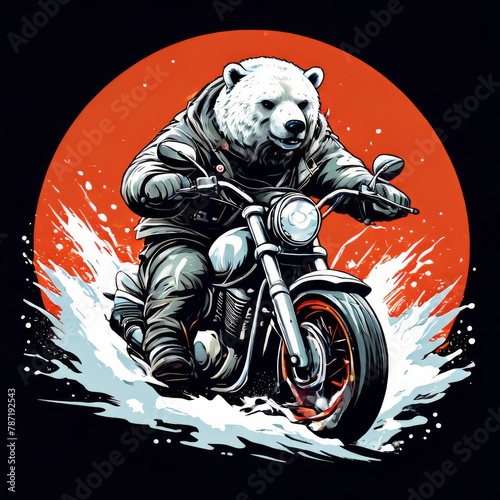 polar bear driving a motorcycle rides. Vector vintage engraving