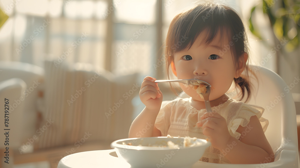 Asian cute little girl holding fork and trying to eat food sitting on the white high chair in the morning at home with copy space : Generative AI Asian cute little girl holding fork and trying to eat food sitting on the white high chair in the morning at home with copy space : Generative AI
