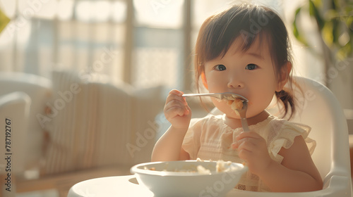Asian cute little girl holding fork and trying to eat food sitting on the white high chair in the morning at home with copy space   Generative AI