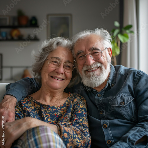 Old couple - husband and wife - sitting happily on the couch and smiling into the camera - topic health and old-age provision