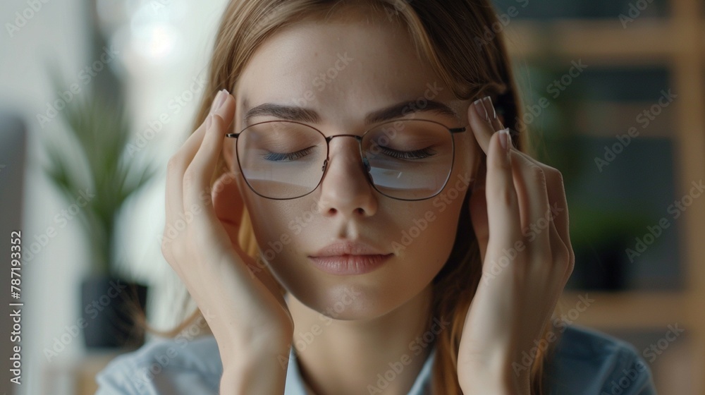 A portrait of an attractive girl wearing glasses experiencing a headache. The girl has her eyes closed, and her fingers are pressed to her temples. A portrait of an attractive girl wearing glasses experiencing a headache. The girl has her eyes closed, and her fingers are pressed to her temples.