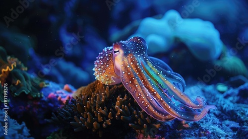 Cuttlefish resting on coral reef in Asia at night illuminated