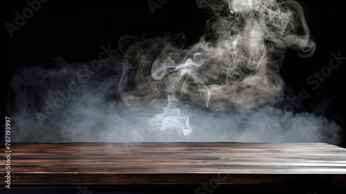 On a black background an empty wooden table with smoke floats up Empty space for displaying your products with a smoke float up on a dark background Space available for displaying your : Generative AI