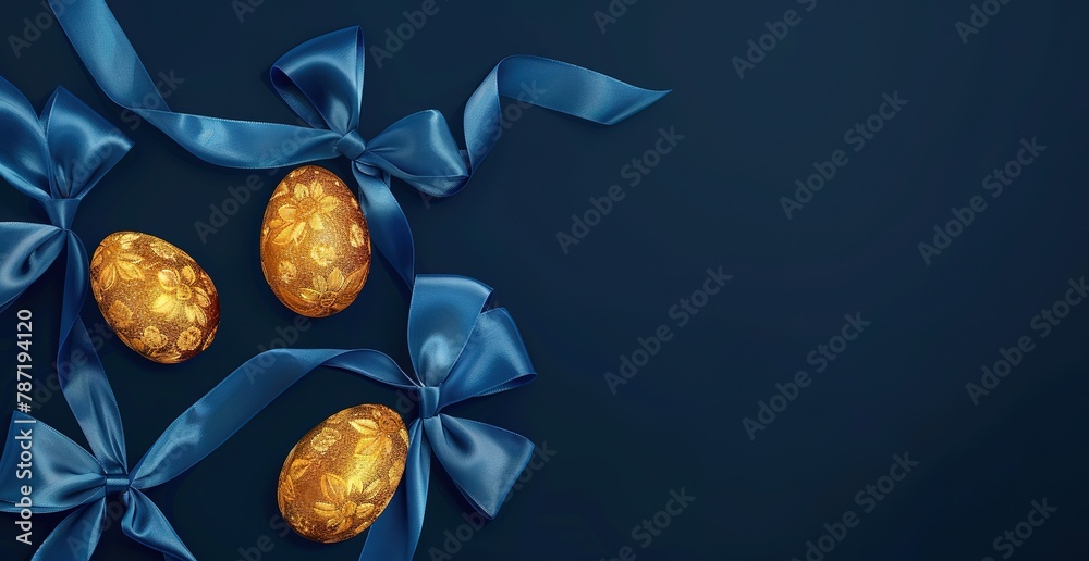 Elegant golden Easter eggs with blue bows on a dark background - obrazy, fototapety, plakaty 