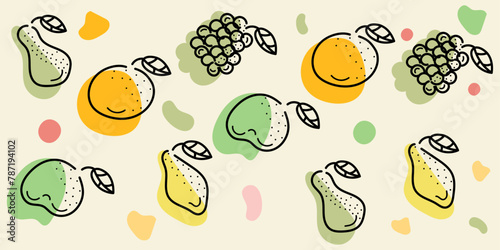 Colorful Doodle pattern Fruits: pear, lemon, orange, grapes. Editable stroke. Multicolored vector hand drawn illustration done in black, green, orange, yellow colors. Isolated on beige background	