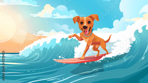 cheerful dog surfing in sunny day