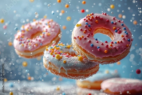 Levitating donuts against a bright backdrop, decorated with a variety of colorful sprinkles and icings