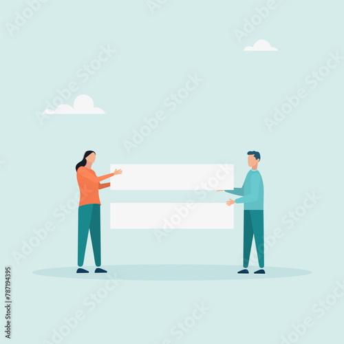Businessman and woman with equal sign. The concept of equality in the workplace, providing equal employment opportunities to all employees without discrimination.
