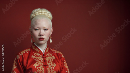 Chinese albino female model in national dress on a red background