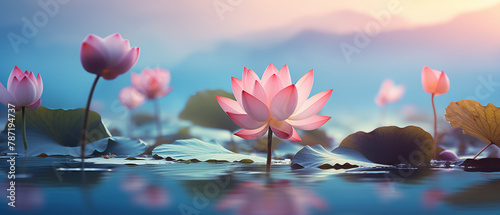 Serene lotus flowers emerging above the water's surface at dusk, with soft mountains silhouetted in the background.