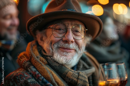 An elderly, cheerful gentleman in a stylish hat and glasses smiles warmly while holding a wine glass with blurred lights in the background