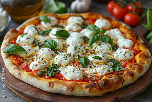 Neapolitan pizza with spices, tomatoes and cheese mozzarella on dark background. Italian cuisine pizza with mozzarella, tomato sauce, basil on a thick dough.