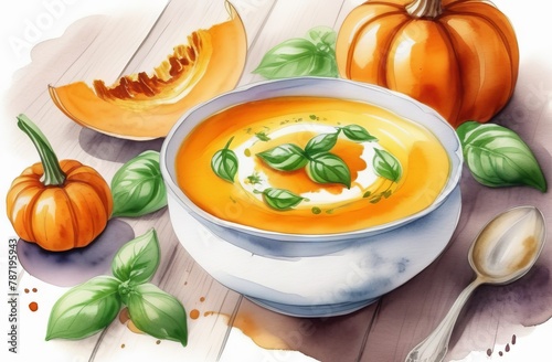 Pumpkin soup puree with basil in bowl, watercolor style