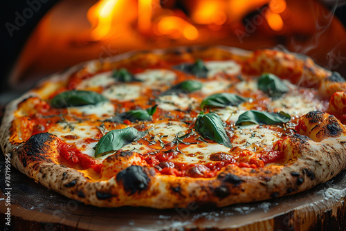 Neapolitan pizza with spices, tomatoes and cheese mozzarella on dark background. Italian cuisine pizza with mozzarella, tomato sauce, basil on a thick dough. photo