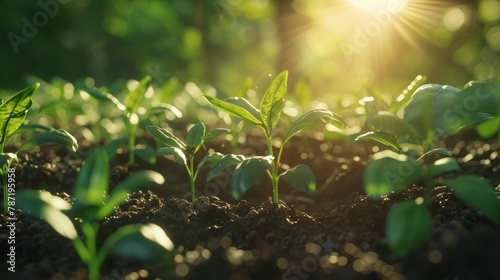 Seedlings thrive in fertile soil under the morning sunlight highlighting an ecological idea hyper realistic 