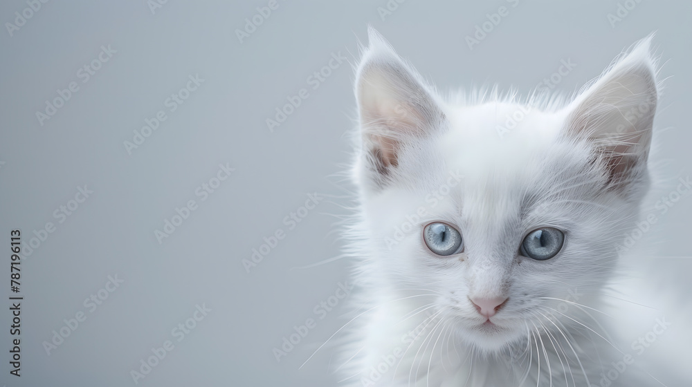 Portrait of a little white kitty on gray background nice little kitten with big eyes copy space : Generative AI Portrait of a little white kitty on gray background nice little kitten with big eyes copy space : Generative AI