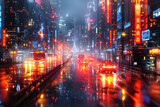 rainy night in a vibrant city with illuminated skyscrapers and street reflections