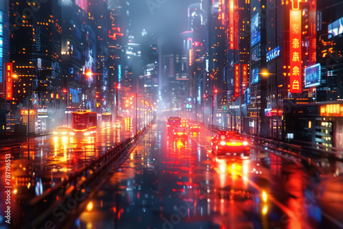 rainy night in a vibrant city with illuminated skyscrapers and street reflections © Imane