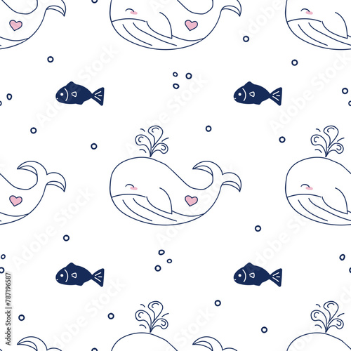 Children's cute pattern with cute whale hand drawn in doodle style, with fish and bubbles. The pattern is included in the Swatches panel. Kids elements