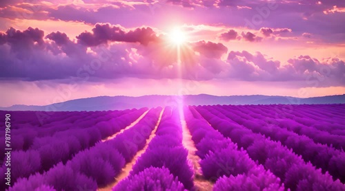 Endless purple lavender field at sunset, cold purple tones. Provence, Valensole, France photo