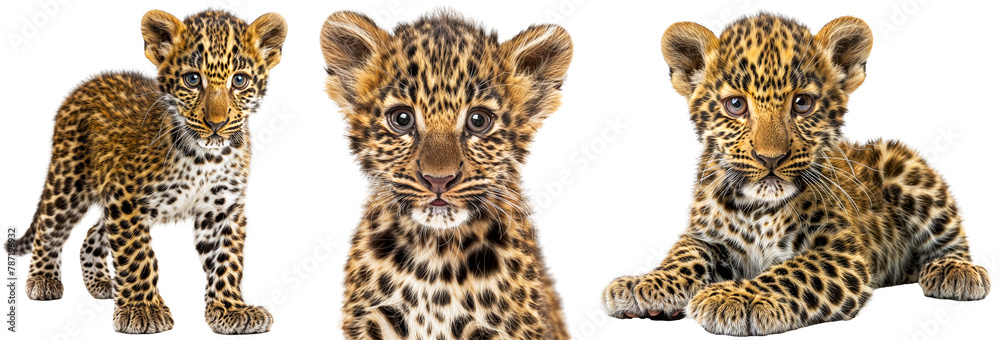 Naklejka premium leopard cub collection, standing, portrait and lying, isolated on a transparent background