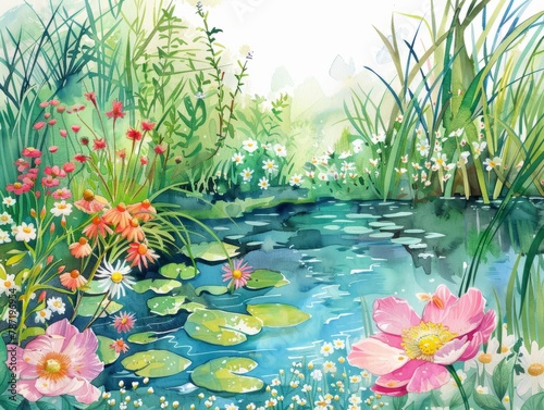 Spring flowers and pond. Watercolor illustration. Panorama 